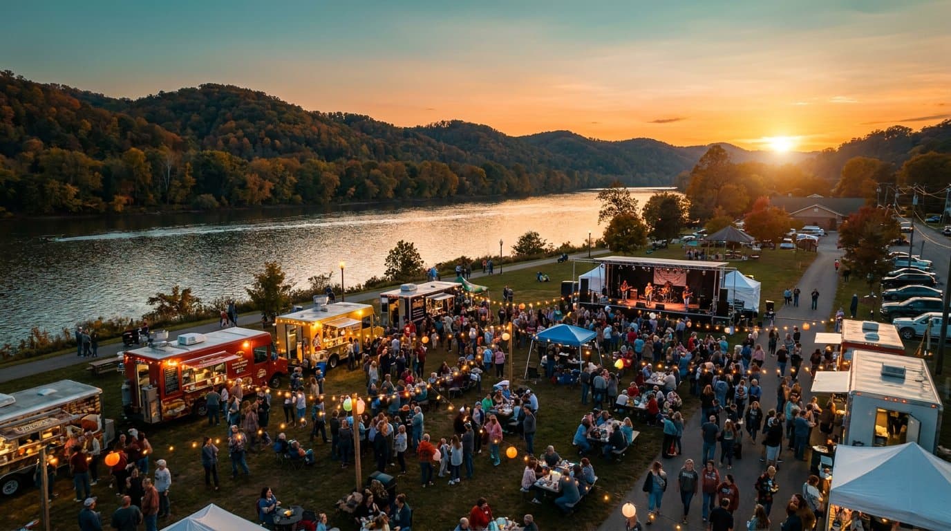 Golden hour aerial drone view of a Mid-Ohio Valley community festival with food trucks, string lights, a live stage, and a riverside crowd — sample of Horizon Heights event production.