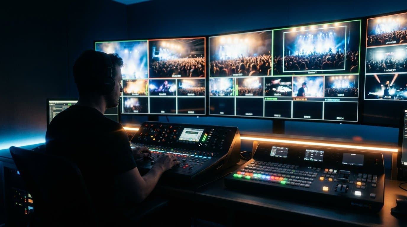 Professional multi-camera broadcast control room with a wall of monitors and ATEM switcher during a Horizon Heights Productions livestream.