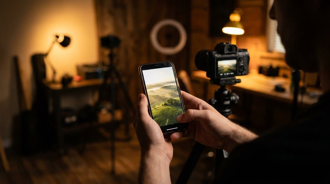 Content creator reviewing a vertical short-form reel of a Mid-Ohio Valley drone shot on a smartphone alongside professional camera gear — sample of Horizon Heights social media production.