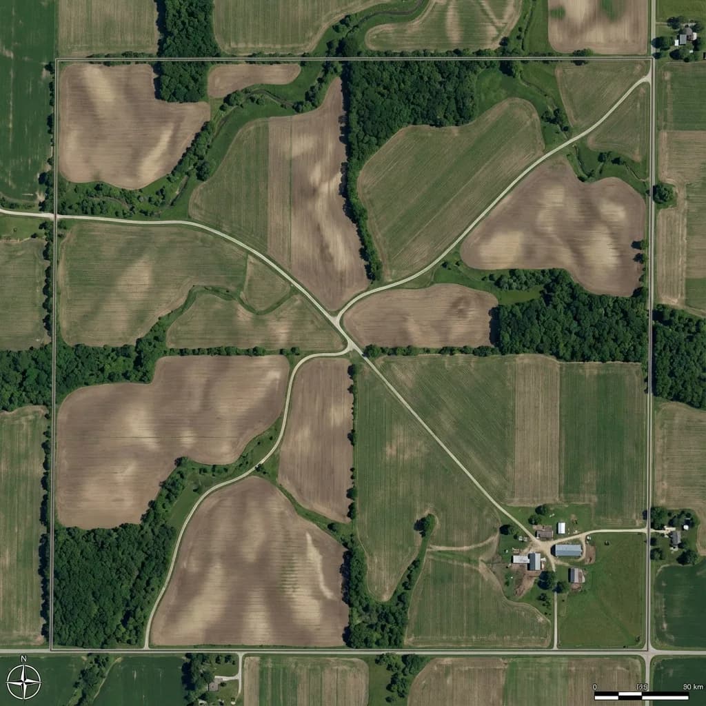 Aerial parcel map style shot of an 80-acre Belpre farmstead listing.